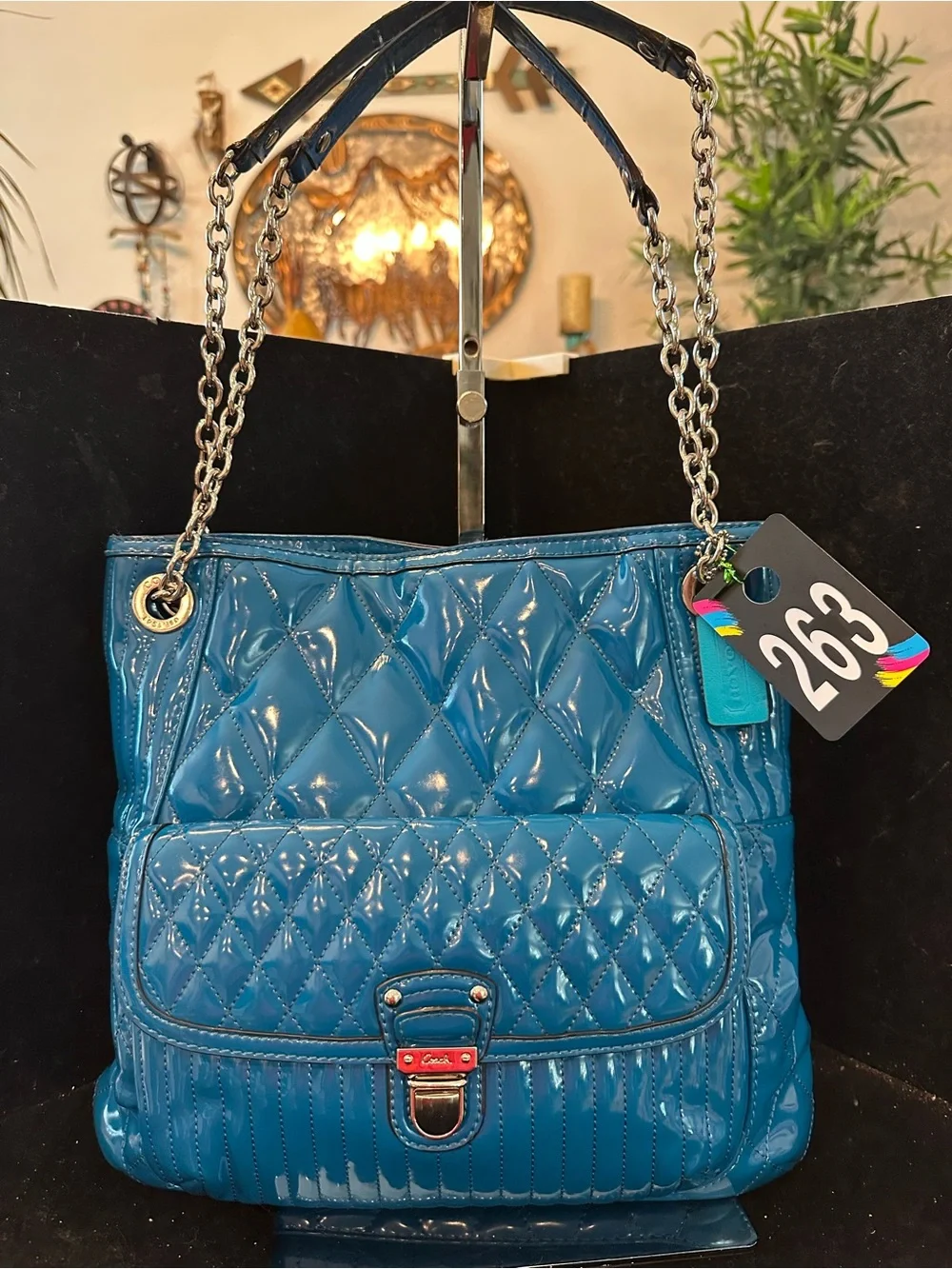 Coach #263 Poppy Liquid Gloss Quilted Tote in Peacock Teal